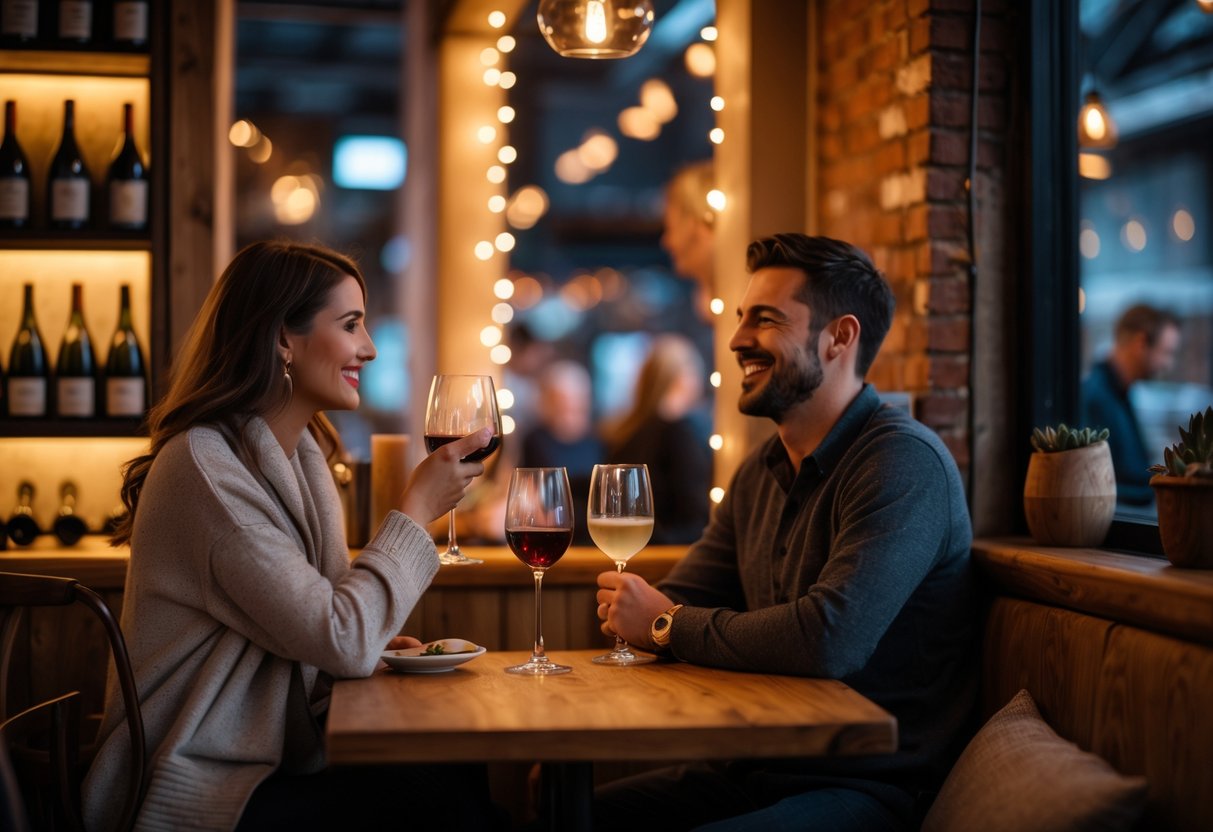 A couple enjoying drinks together at a cozy wine bar with warm lighting and rustic decor.