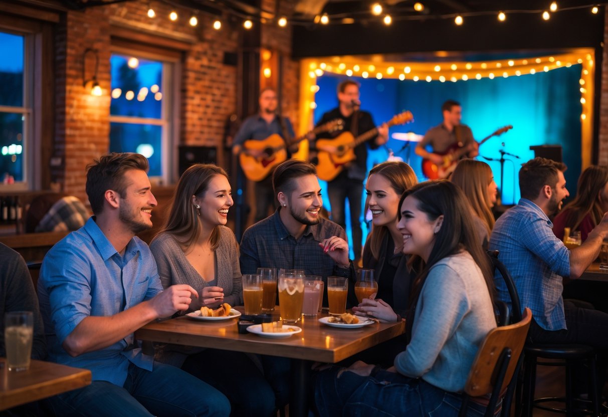 Couples and friends enjoying live music at a cozy indoor venue with a band performing on stage.