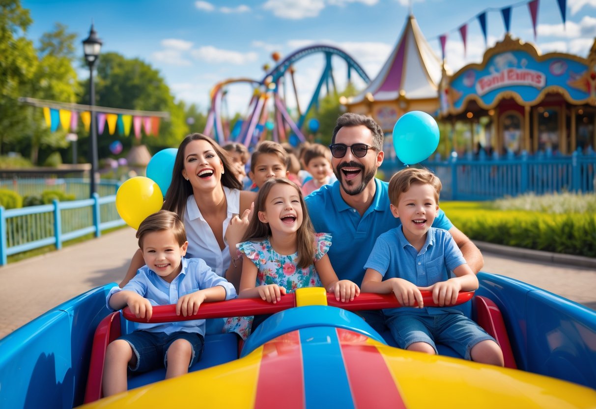 A family smiling and enjoying a colorful amusement park ride surrounded by greenery and bright blue skies at Edaville Family Theme Park.