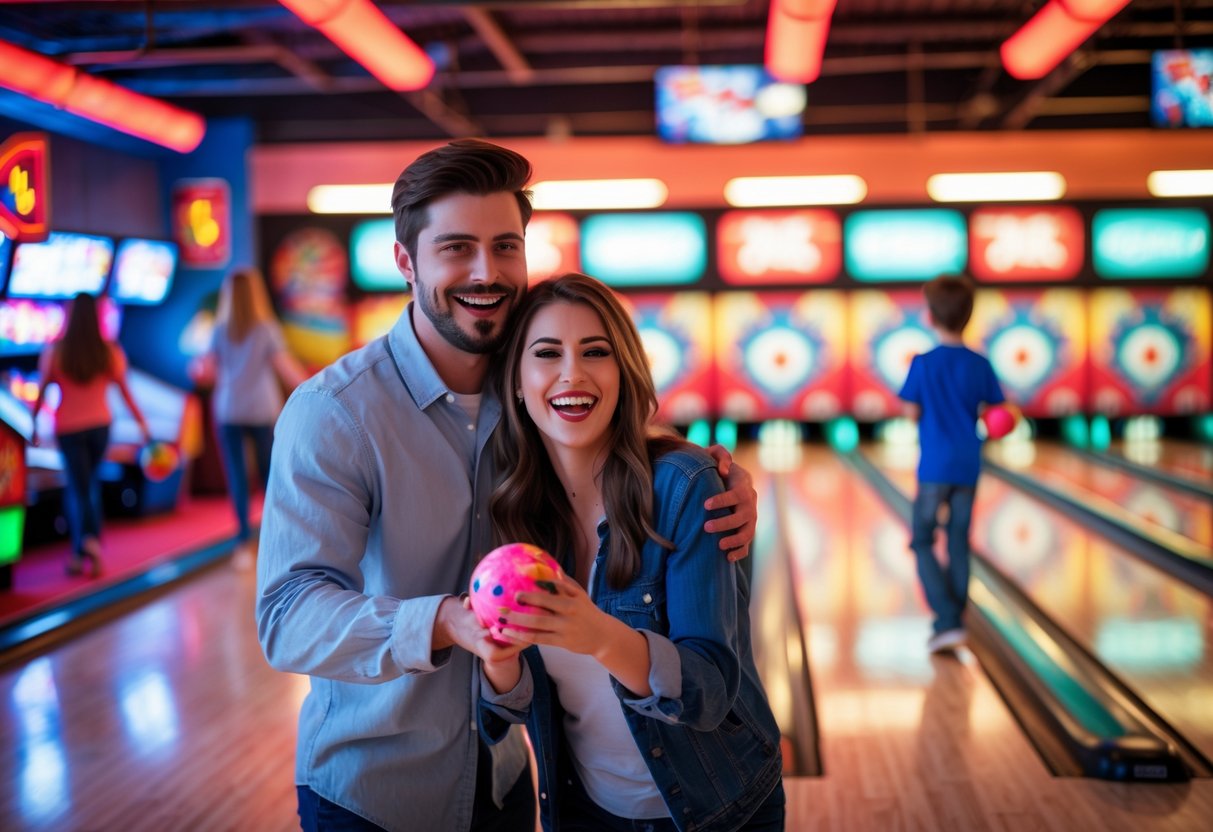 A young couple bowling together at an indoor family fun center, smiling and enjoying their time.