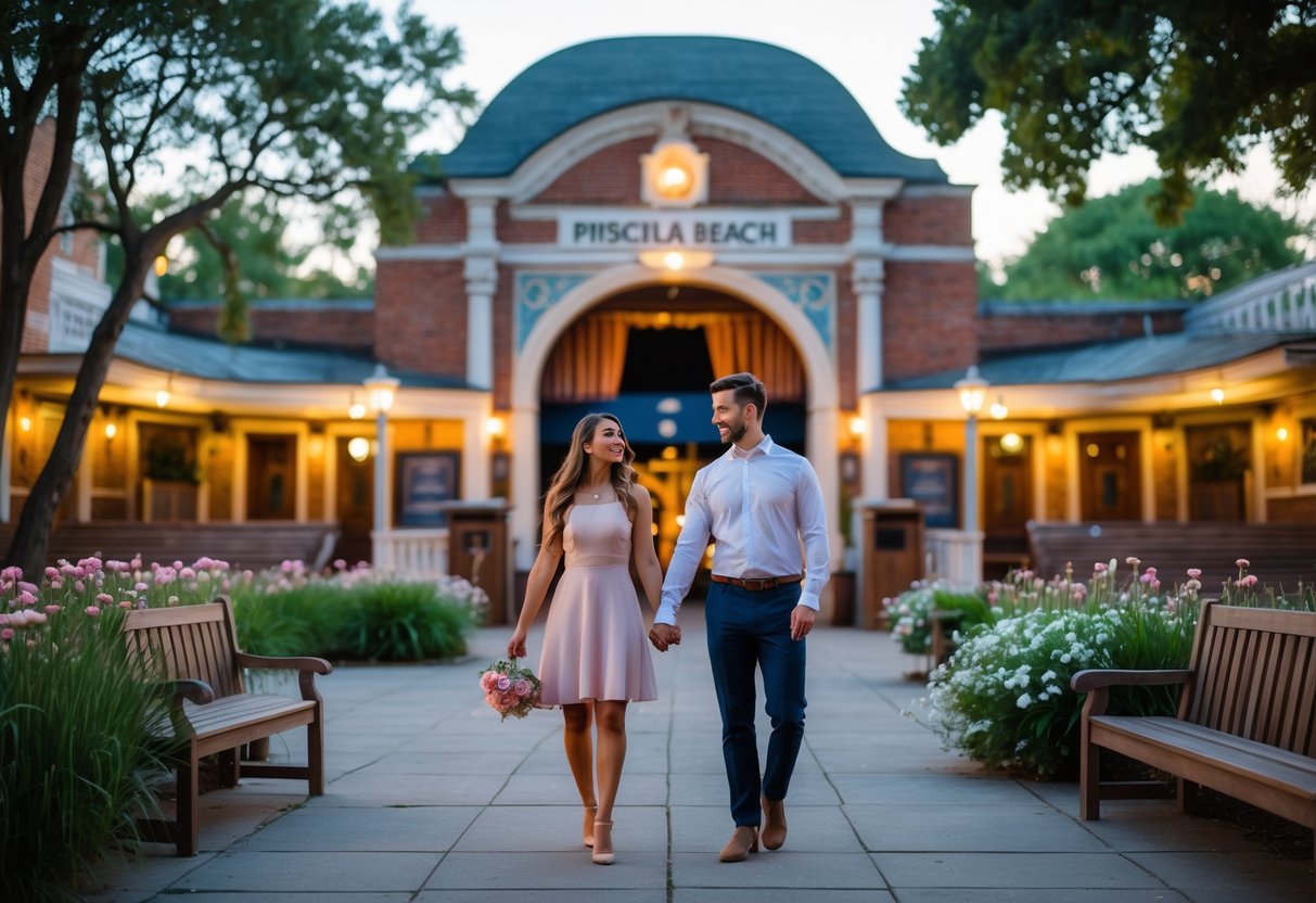A young couple walking hand in hand toward an outdoor theatre surrounded by greenery and flowers.