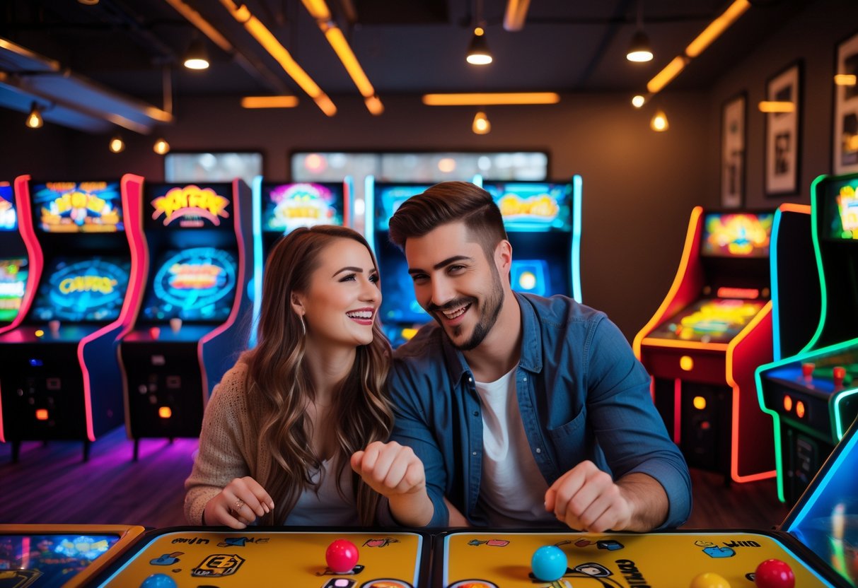A young couple playing arcade games together in a private arcade room with colorful lights and gaming machines.