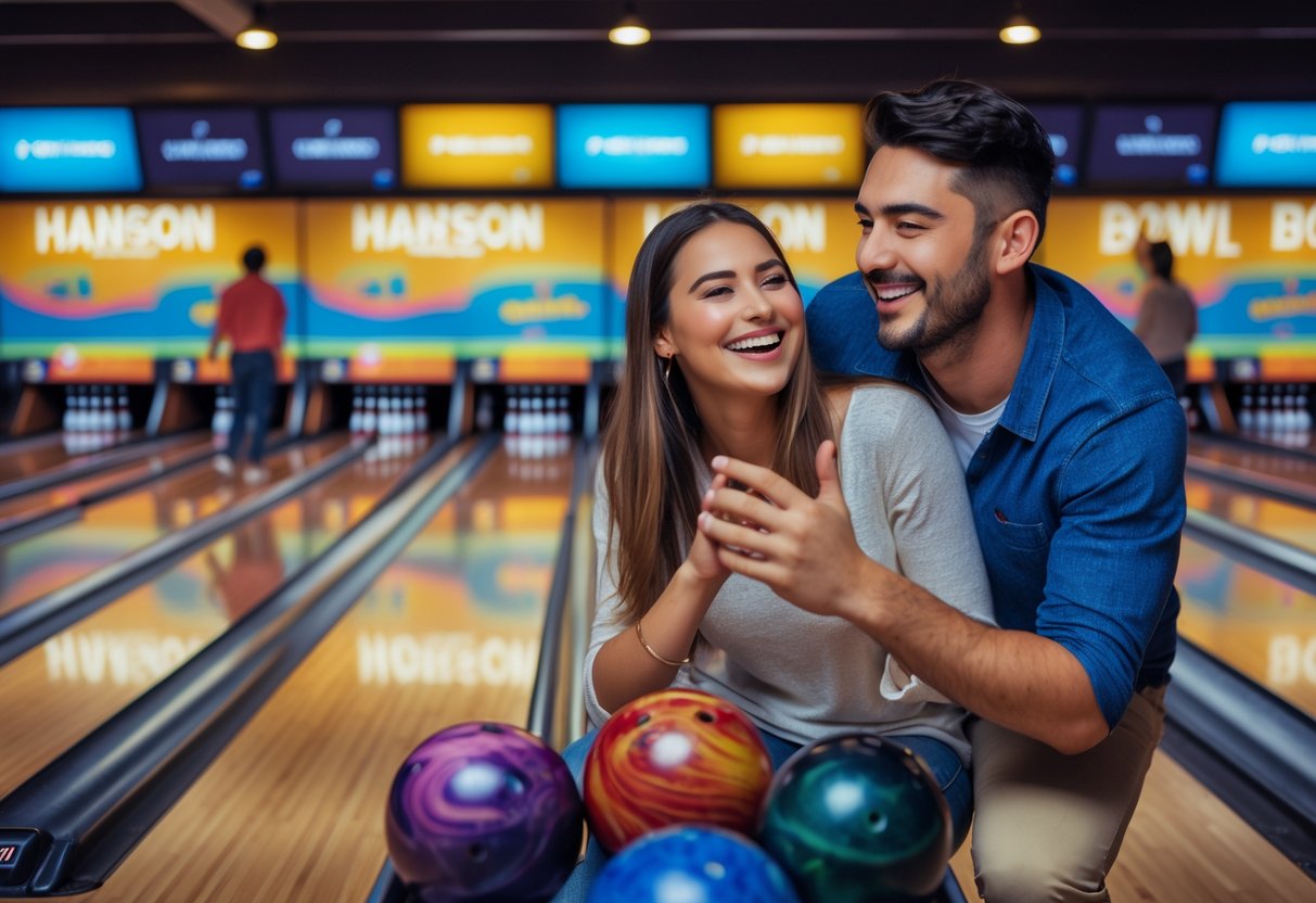 A young couple smiling and bowling together at a busy bowling alley.