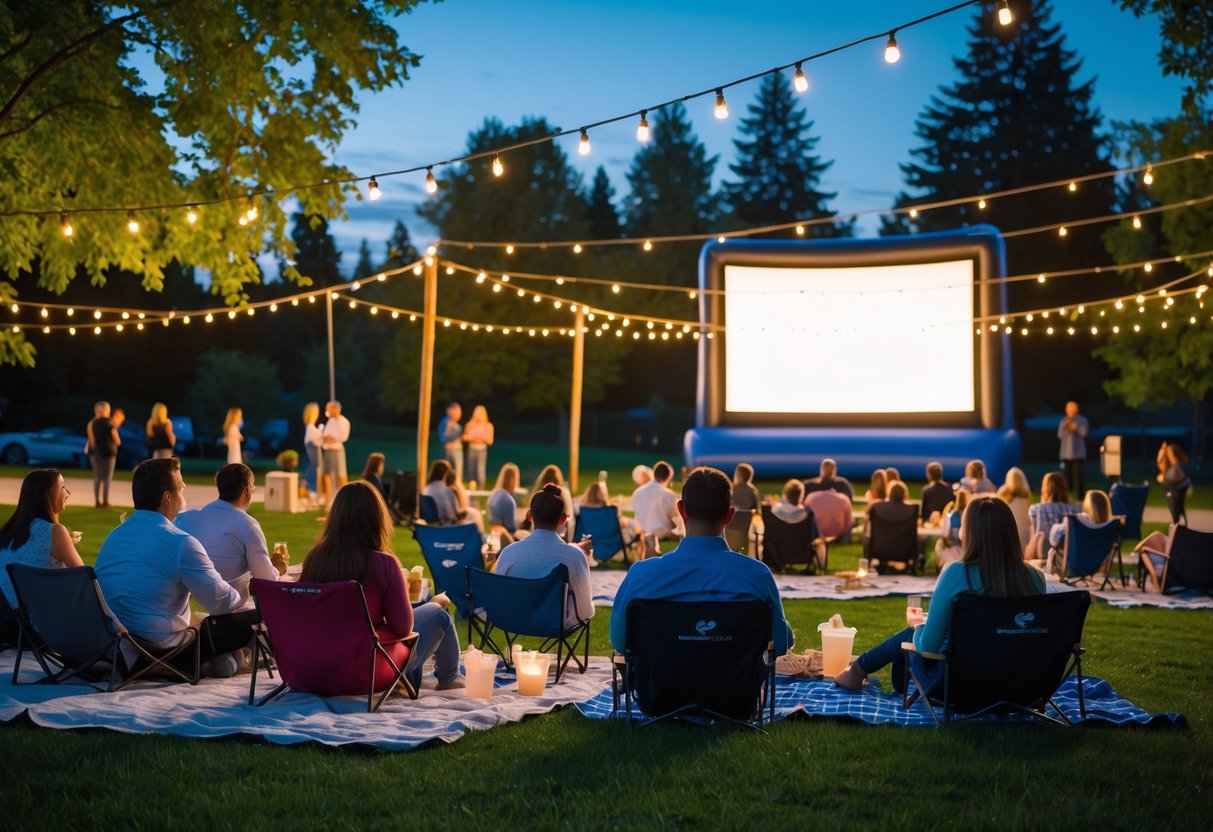 Couples and groups watching an outdoor movie on a large screen at a park during evening, sitting on blankets and chairs with string lights overhead.