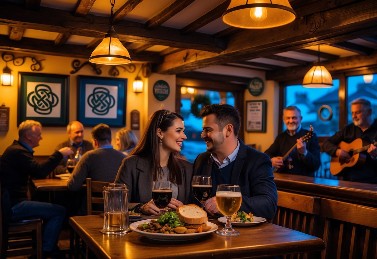 A couple enjoying a romantic dinner with live music inside a cozy Irish pub.