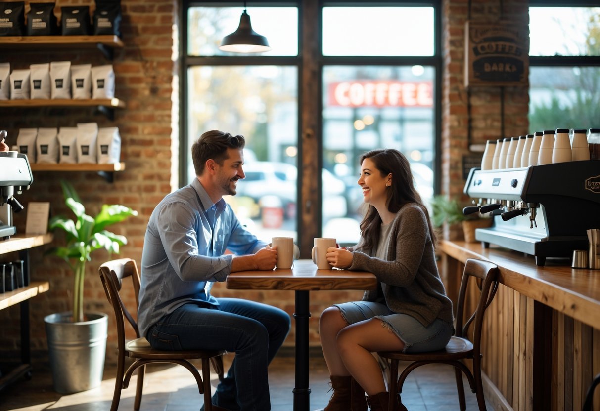 A young couple enjoying coffee together at a small table inside a cozy coffee shop.