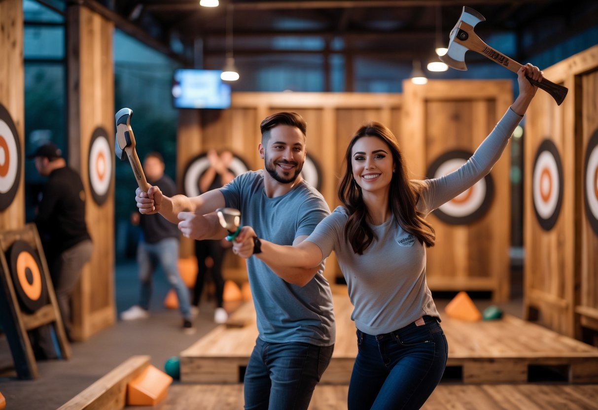 A couple enjoying axe throwing together inside a rustic indoor venue with wooden targets.