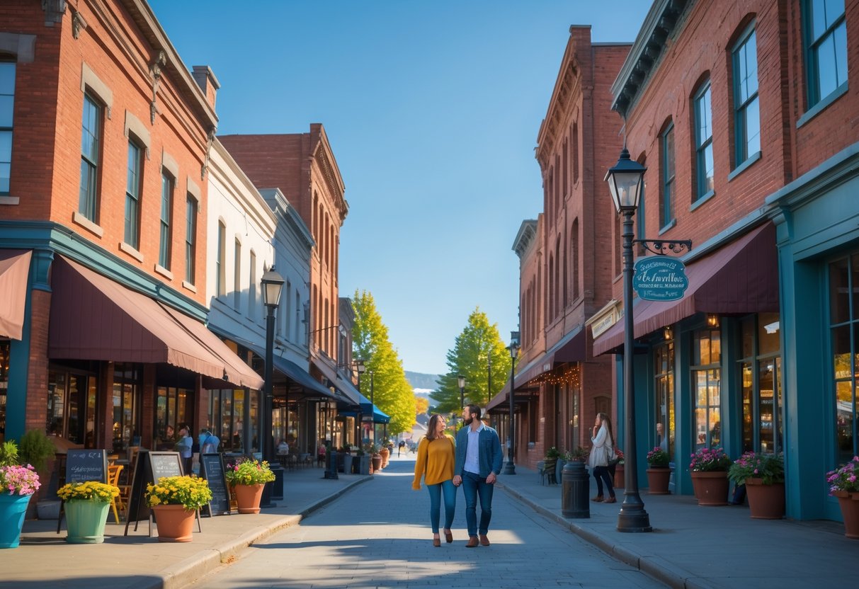 A young couple walking hand in hand along a sunny street lined with historic buildings and shops in Kennewick downtown.