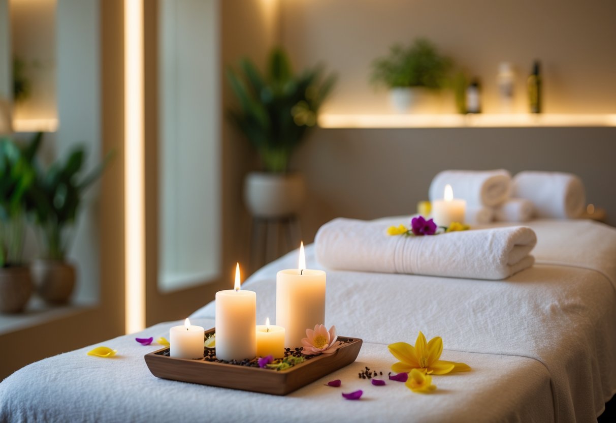 A calm and inviting spa treatment room with a massage table, candles, essential oils, and plants.