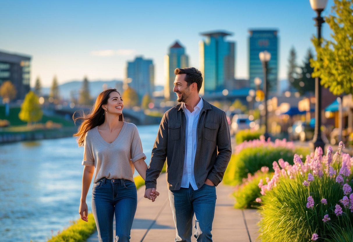 A smiling couple walking hand-in-hand along a riverfront path with greenery and city buildings in the background.