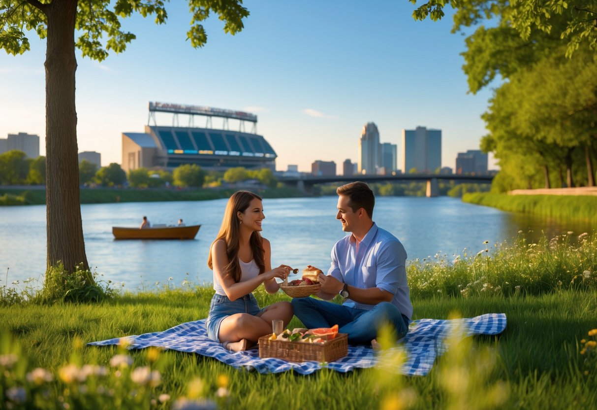 A couple having a picnic near the Fox River with Lambeau Field and the Green Bay city skyline in the background.