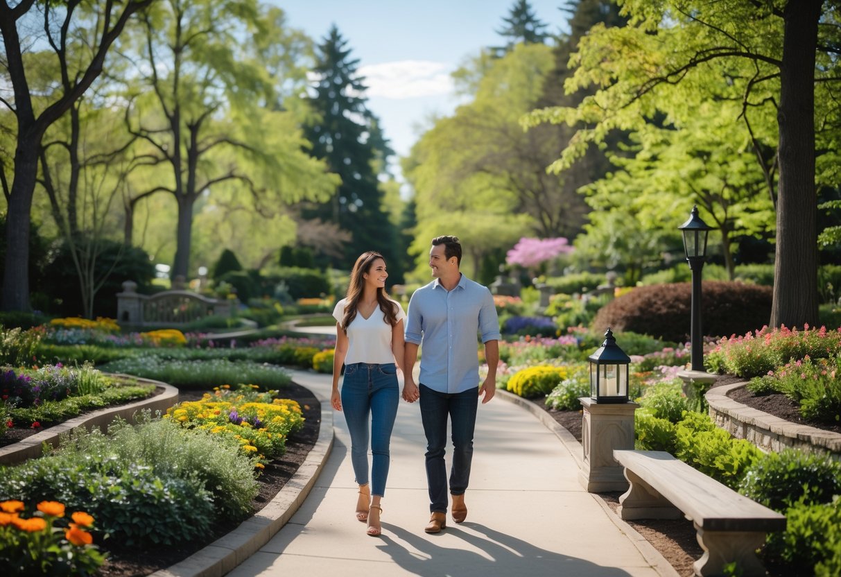 A couple walking hand-in-hand along a garden path surrounded by lush greenery and colorful flowers at Green Bay Botanical Garden.