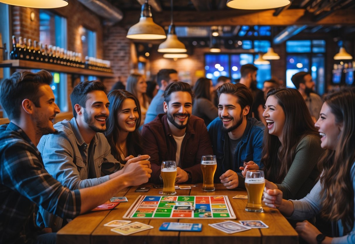 A group of young adults playing board games and drinking beer together inside a cozy brewery.