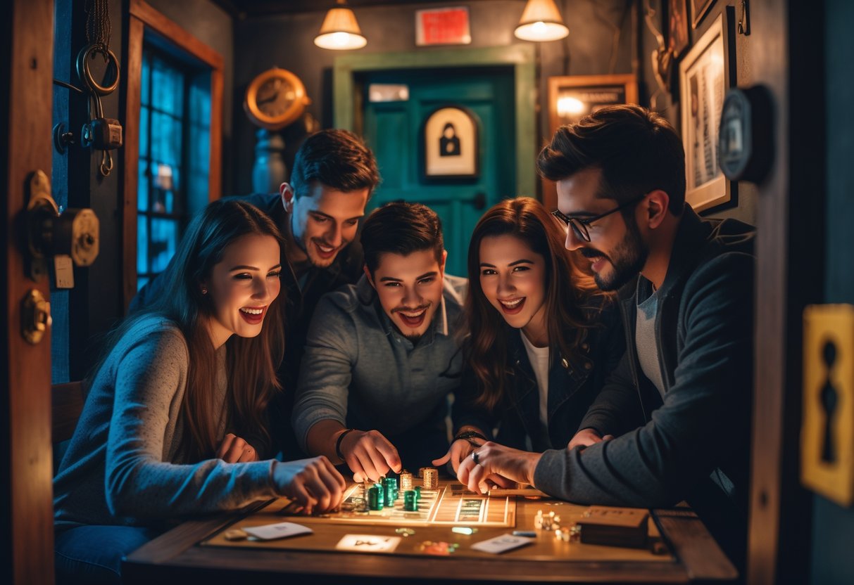A group of young adults working together to solve puzzles in an escape room.