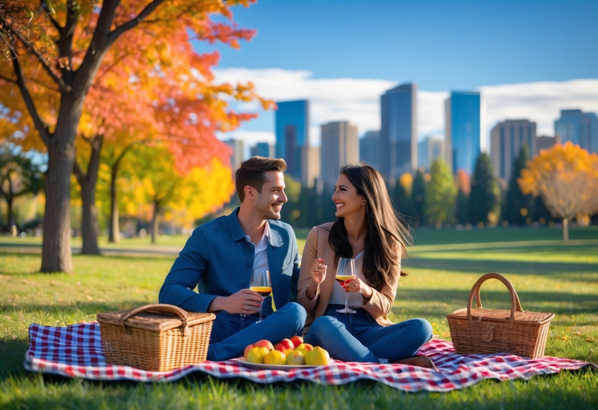 A young couple having a picnic in a park with the Denver skyline and mountains in the background on a sunny day.