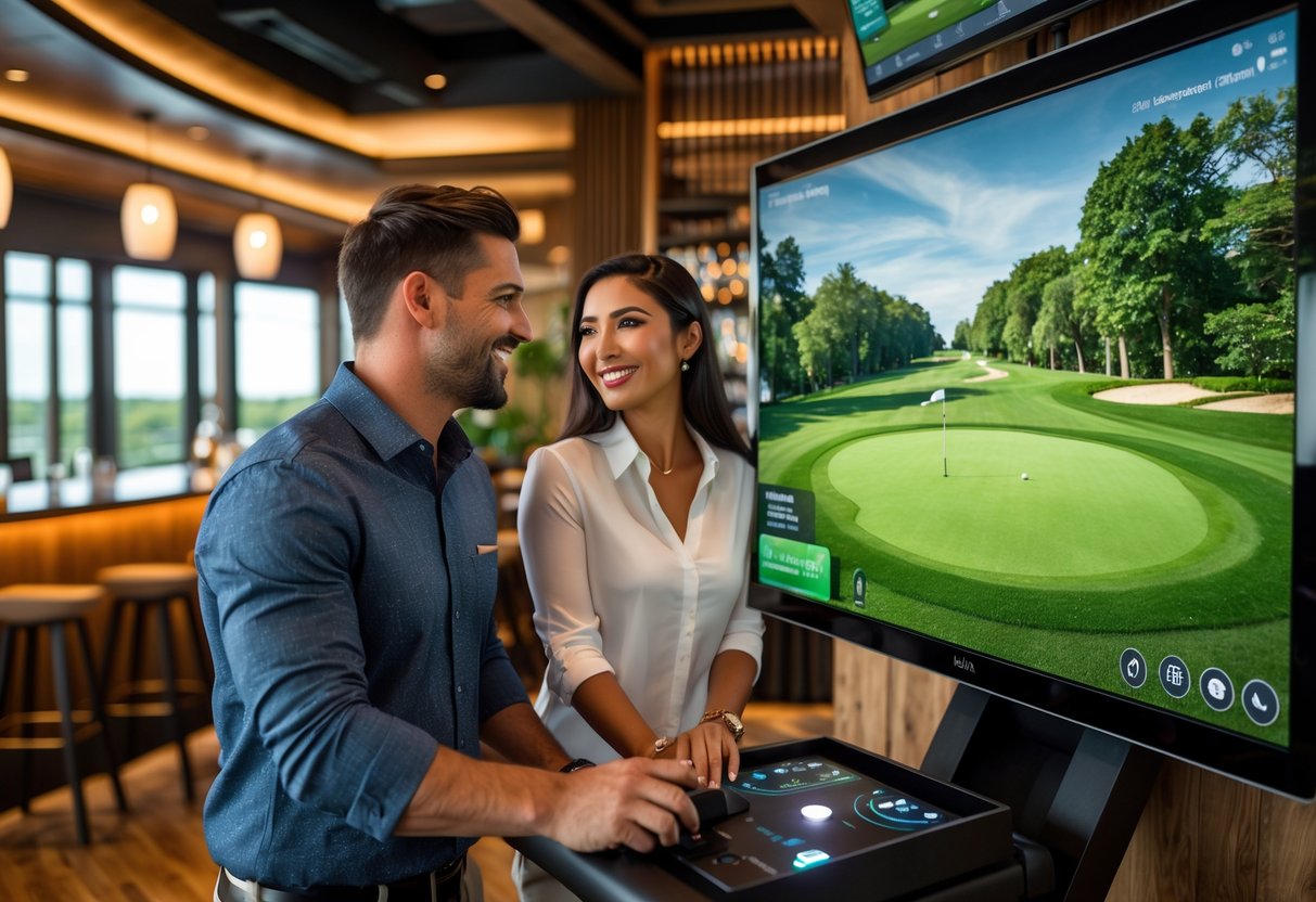 A couple enjoying a golf simulation game together inside a modern restaurant and lounge.