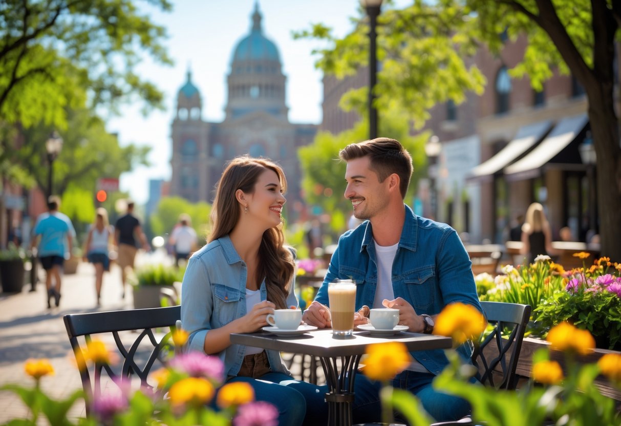 A young couple sitting at an outdoor café table in Iowa City, smiling and enjoying a sunny day with trees and buildings in the background.