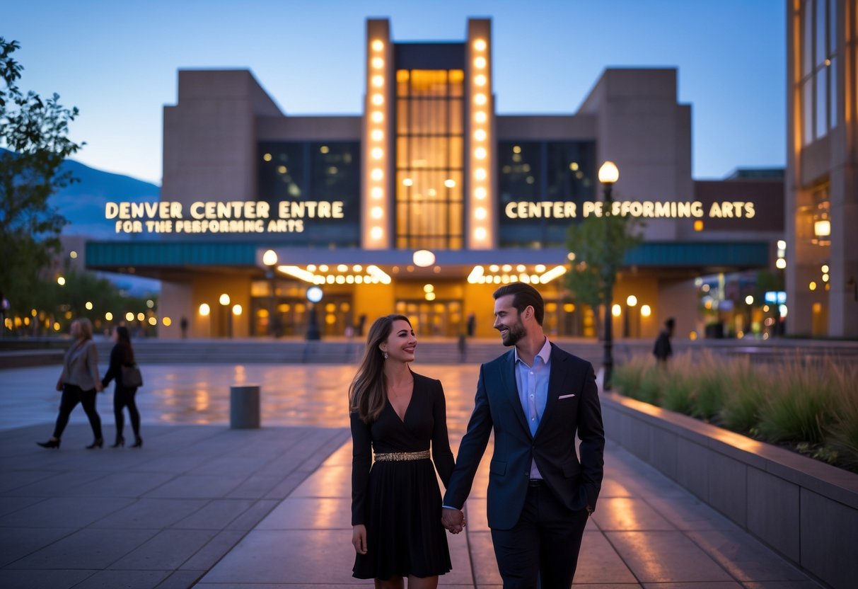 A couple walking hand in hand outside the Denver Center for the Performing Arts at dusk.