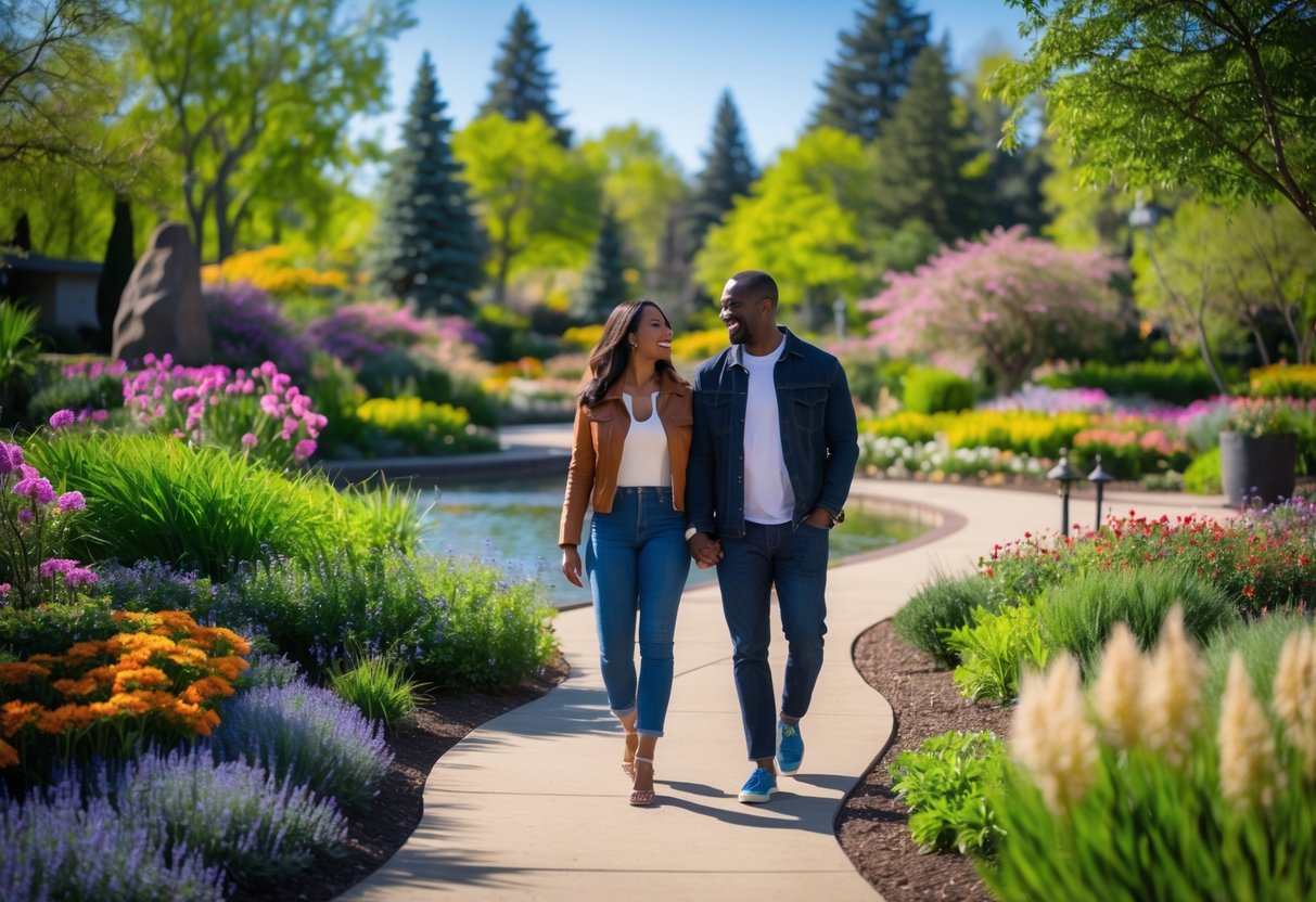 A couple walking together along a garden path surrounded by flowers and trees in the Denver Botanic Gardens.