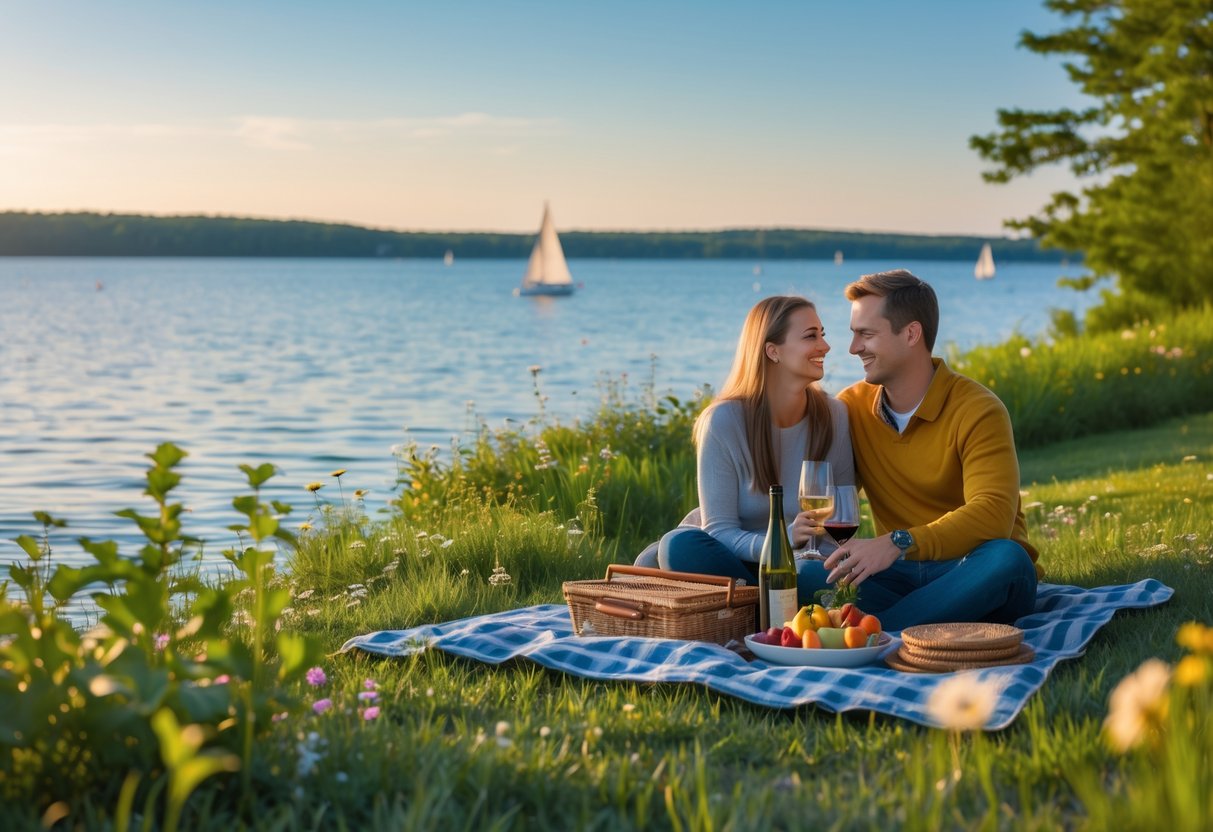 A couple enjoying a lakeside picnic near the water with trees and sailboats in the background.