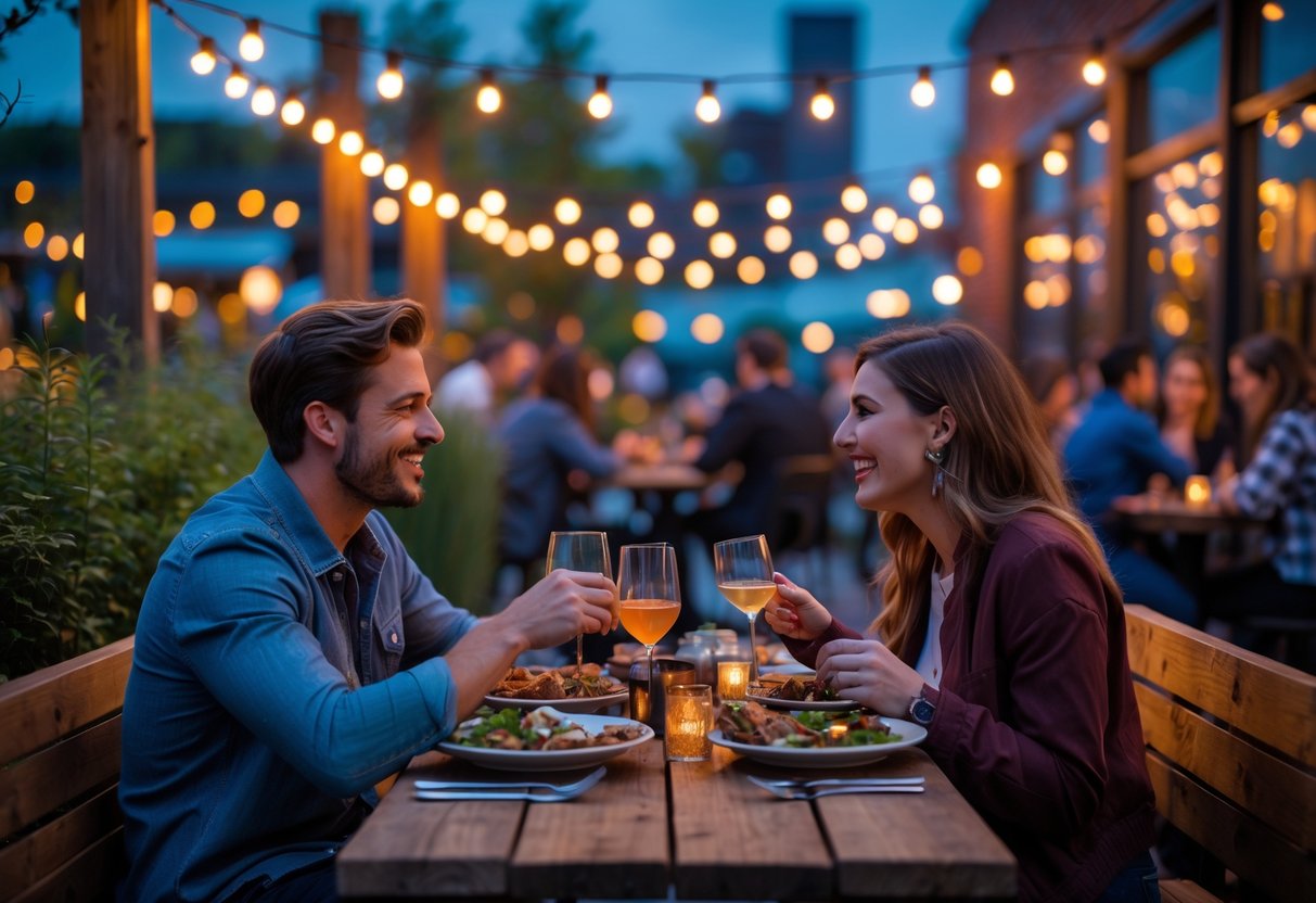 A young couple enjoying dinner and playing games at an outdoor table with string lights at The Railyard in Green Bay.