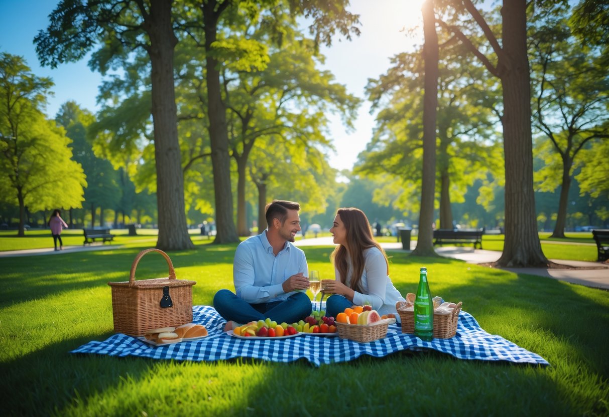 A couple having a picnic on a blanket in a green park surrounded by trees and sunshine.