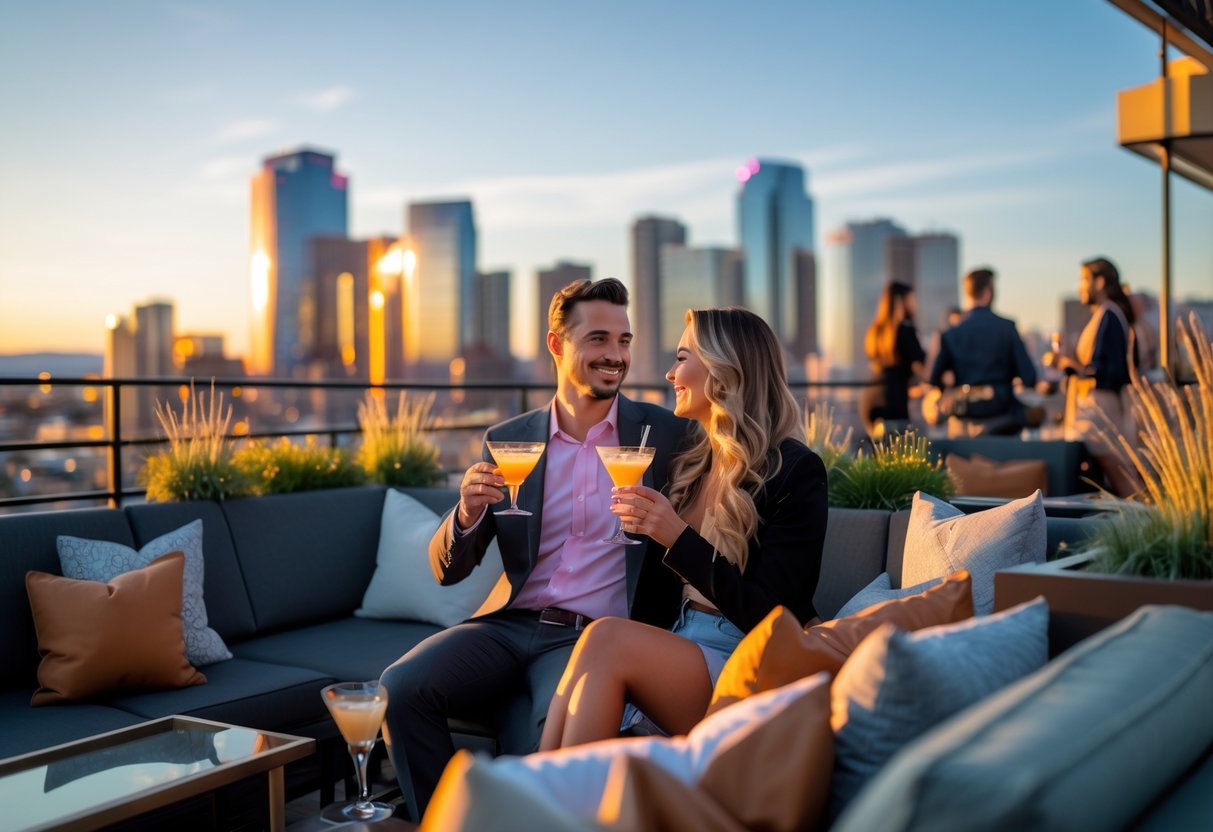 A couple enjoying drinks together on a rooftop bar overlooking the Denver city skyline at sunset.