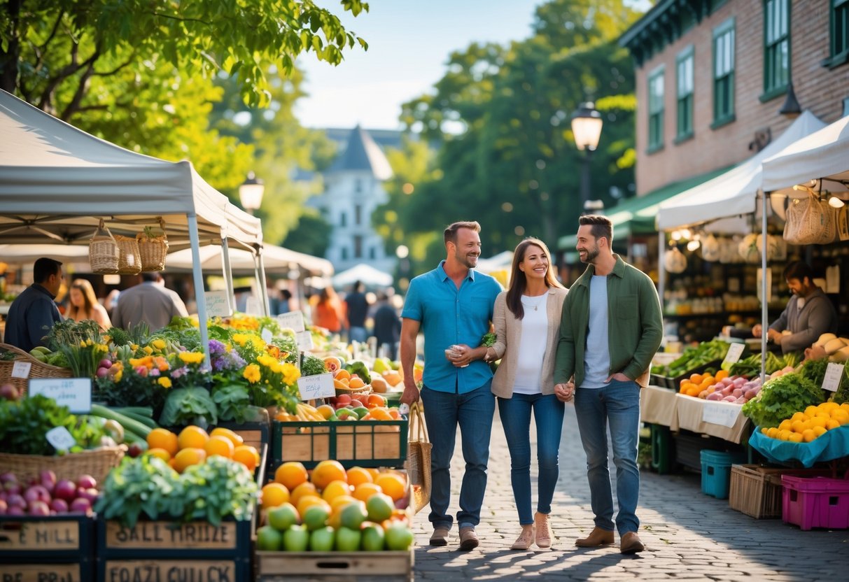 Couples and families browsing colorful stalls with fresh produce and flowers at a sunny farmers market in a town square.