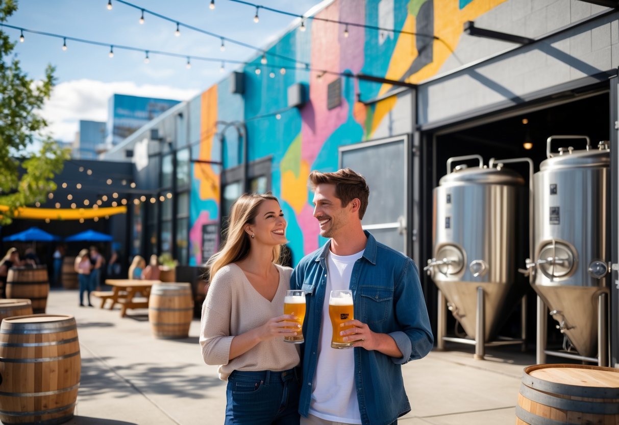 A young couple holding craft beers and smiling near a brewery in an urban district with colorful murals and brewing equipment visible.
