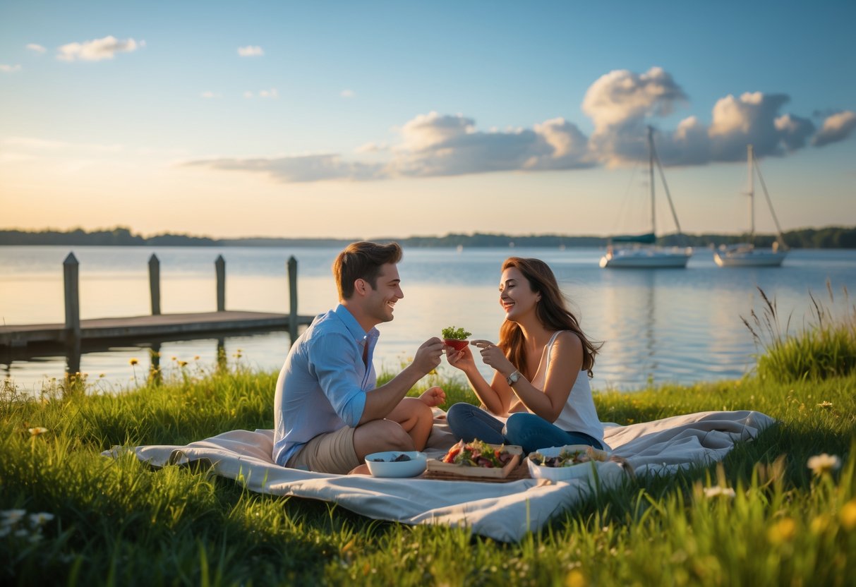 A young couple having a picnic near the water in Green Bay surrounded by green grass and wildflowers during sunset.
