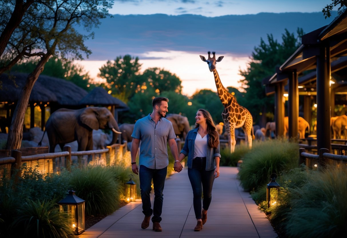 A couple walking hand in hand along a zoo pathway at dusk with animals visible in the background.