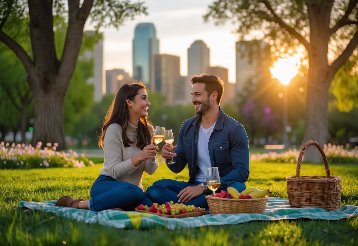 A couple enjoying a picnic together in a park with the Denver city skyline and mountains in the background at sunset.