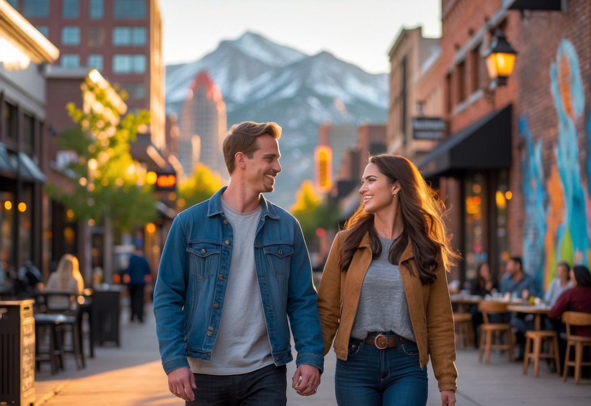 A young couple walking hand-in-hand on a lively Denver street with city buildings and mountains in the background during sunset.
