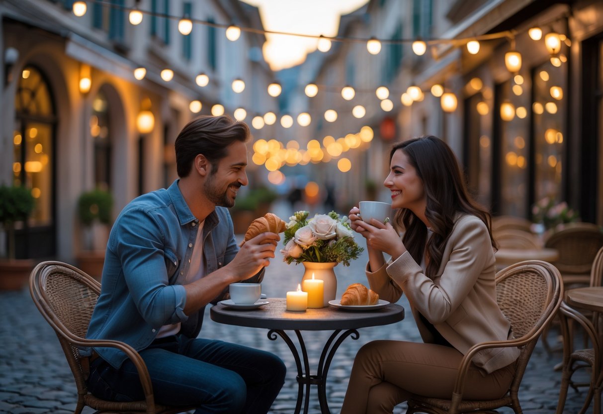 A couple sitting at a cafe terrace table enjoying coffee and croissants at sunset.