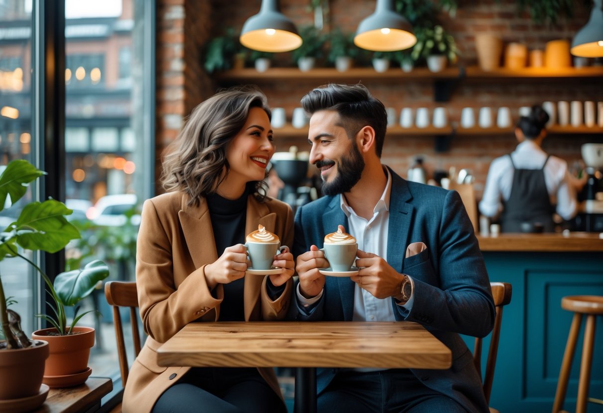 A couple sitting at a small table in a cozy coffee shop, enjoying coffee and smiling at each other.