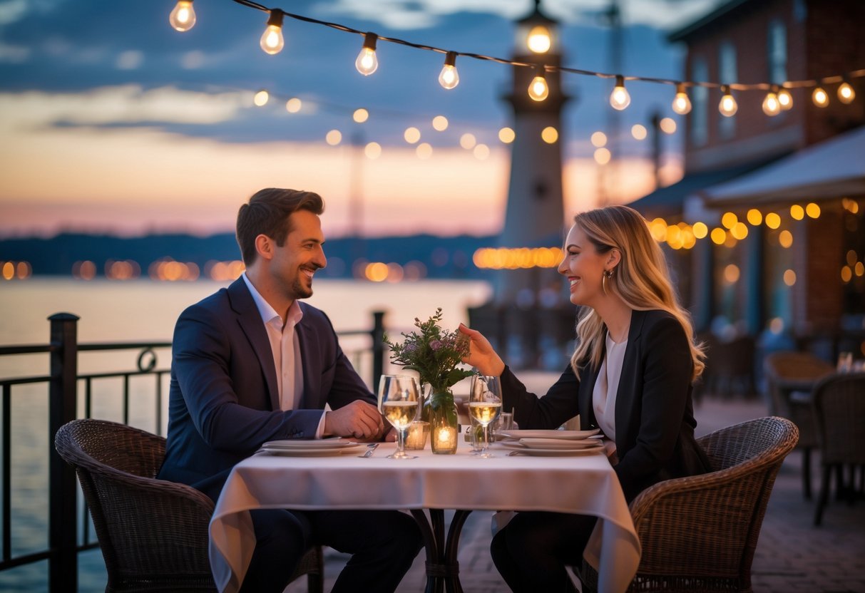 A couple sitting at an outdoor table by the water at sunset, enjoying a romantic evening together.