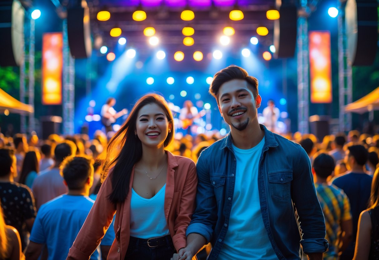 A young couple holding hands and enjoying a lively outdoor concert with colorful stage lights and musicians playing.