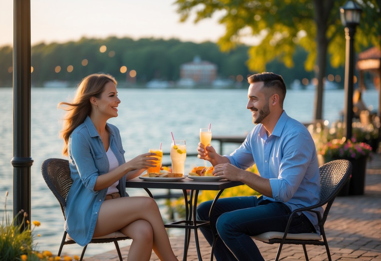 A happy couple enjoying a date outdoors near Lake Erie with trees and water in the background.