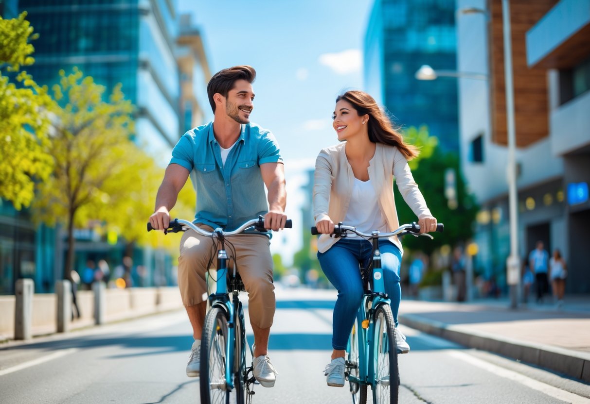 A couple riding bicycles together on a sunny city street with buildings and trees in the background.