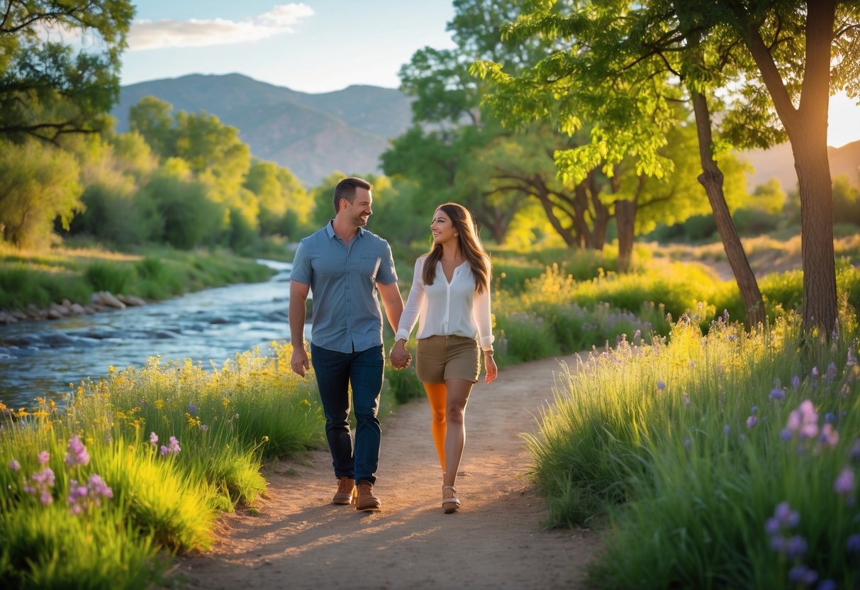 A couple walking hand-in-hand along a tree-lined river trail with mountains in the background.