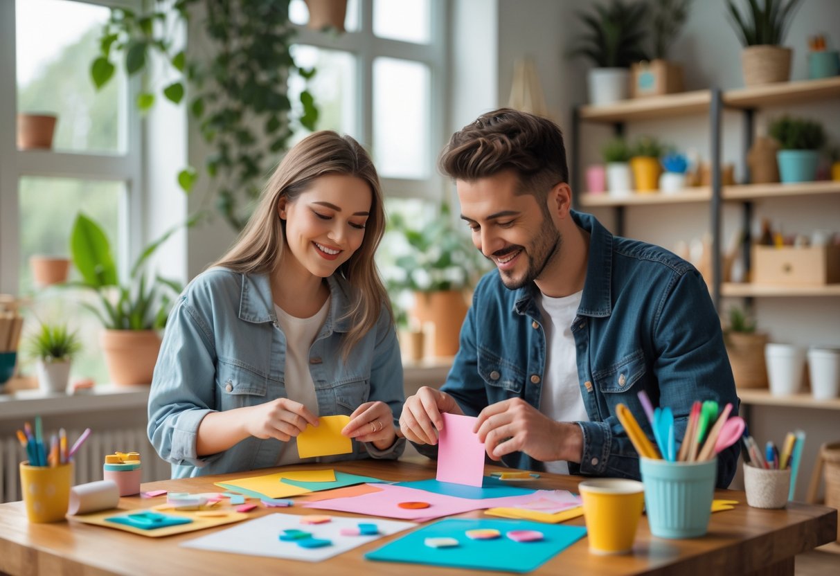 A young couple sitting at a wooden table in a craft studio, making handmade crafts together surrounded by colorful supplies.