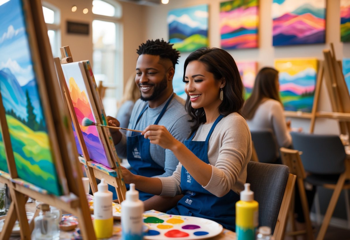 A couple painting together on canvases in an art studio, surrounded by art supplies and colorful paintings on the walls.