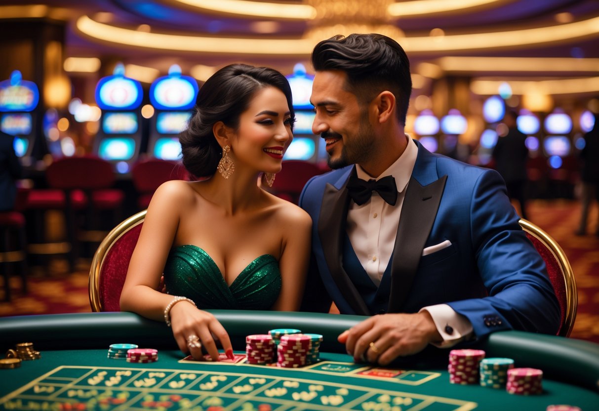 A couple dressed elegantly enjoying a casino game together at a casino table with glowing lights in the background.