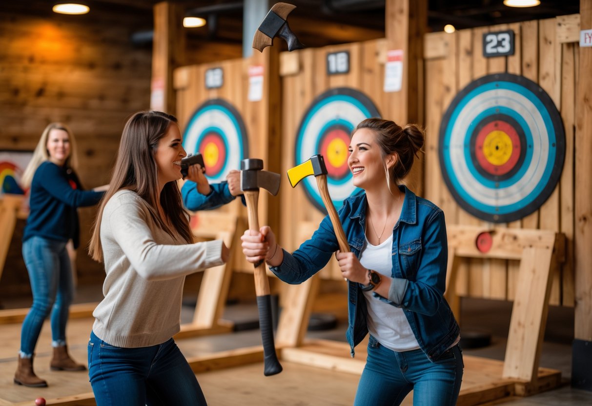 A young couple enjoying axe throwing together at an indoor axe throwing venue.