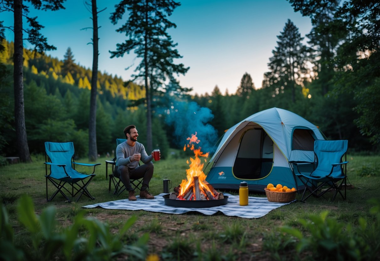 A campsite in a forest clearing with a tent, campfire, picnic blanket, and two people enjoying a warm drink together.