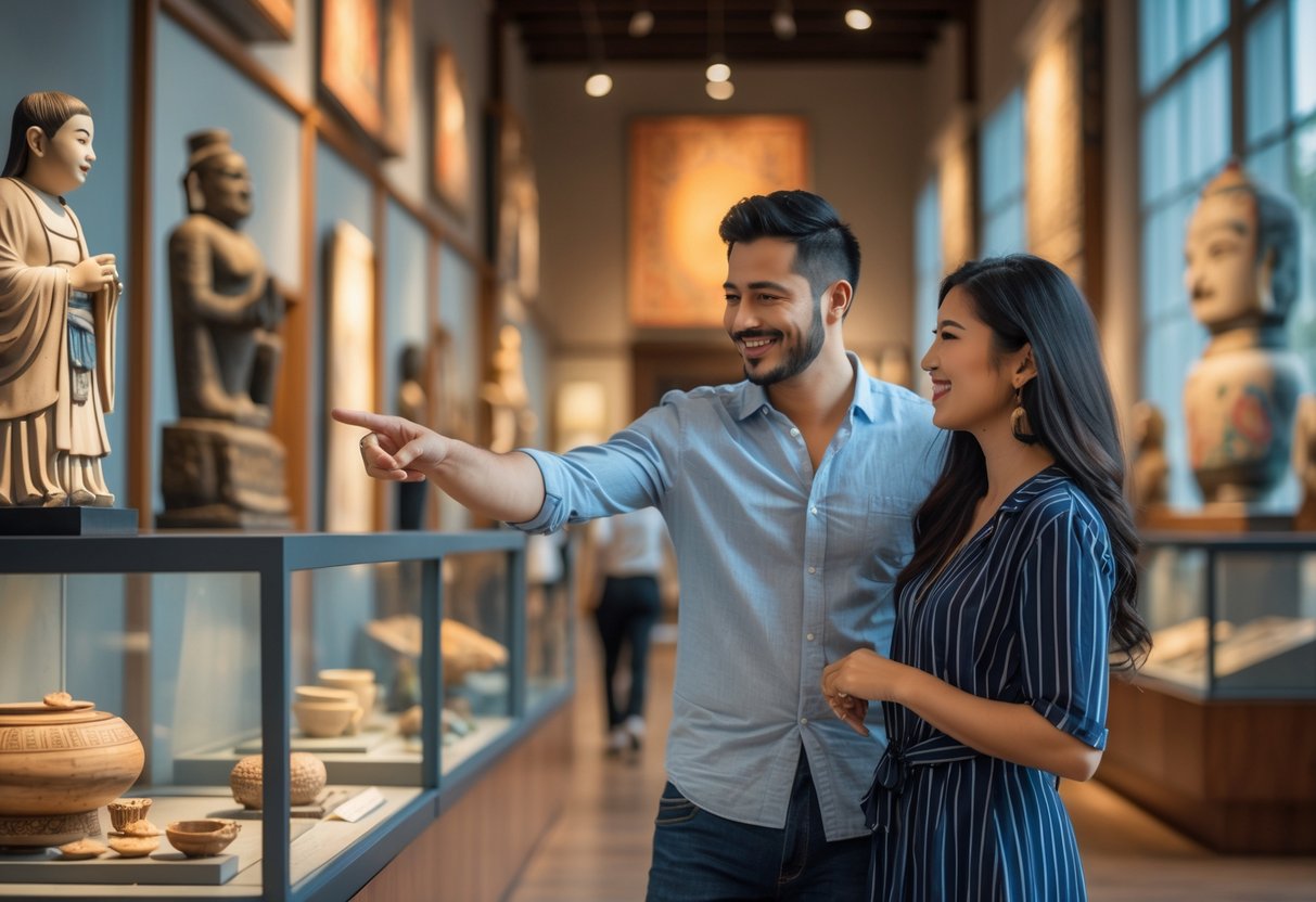 A couple exploring cultural artifacts inside a museum, engaged and smiling as they look at exhibits.
