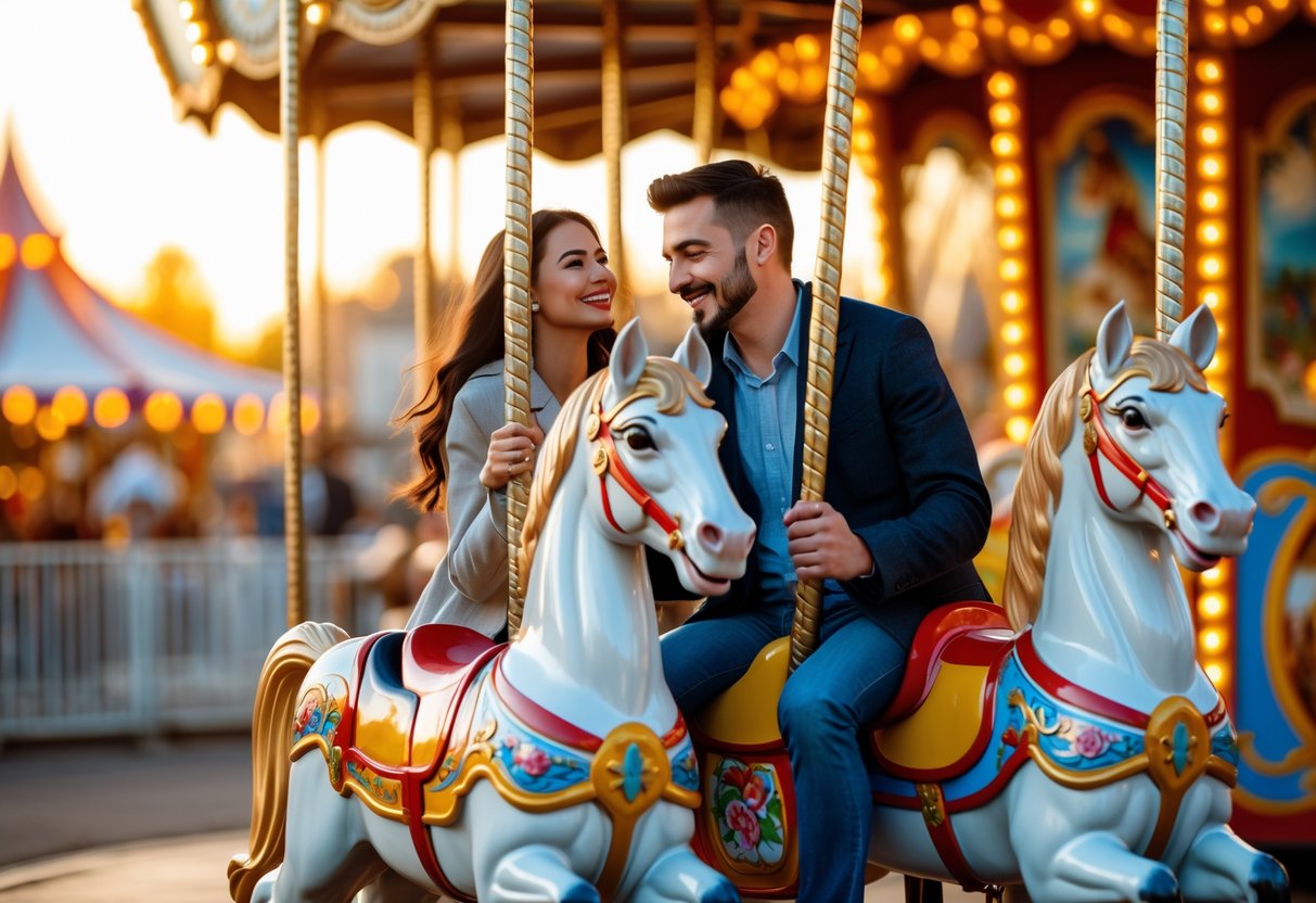 A couple happily riding colorful carousel horses at an amusement park.