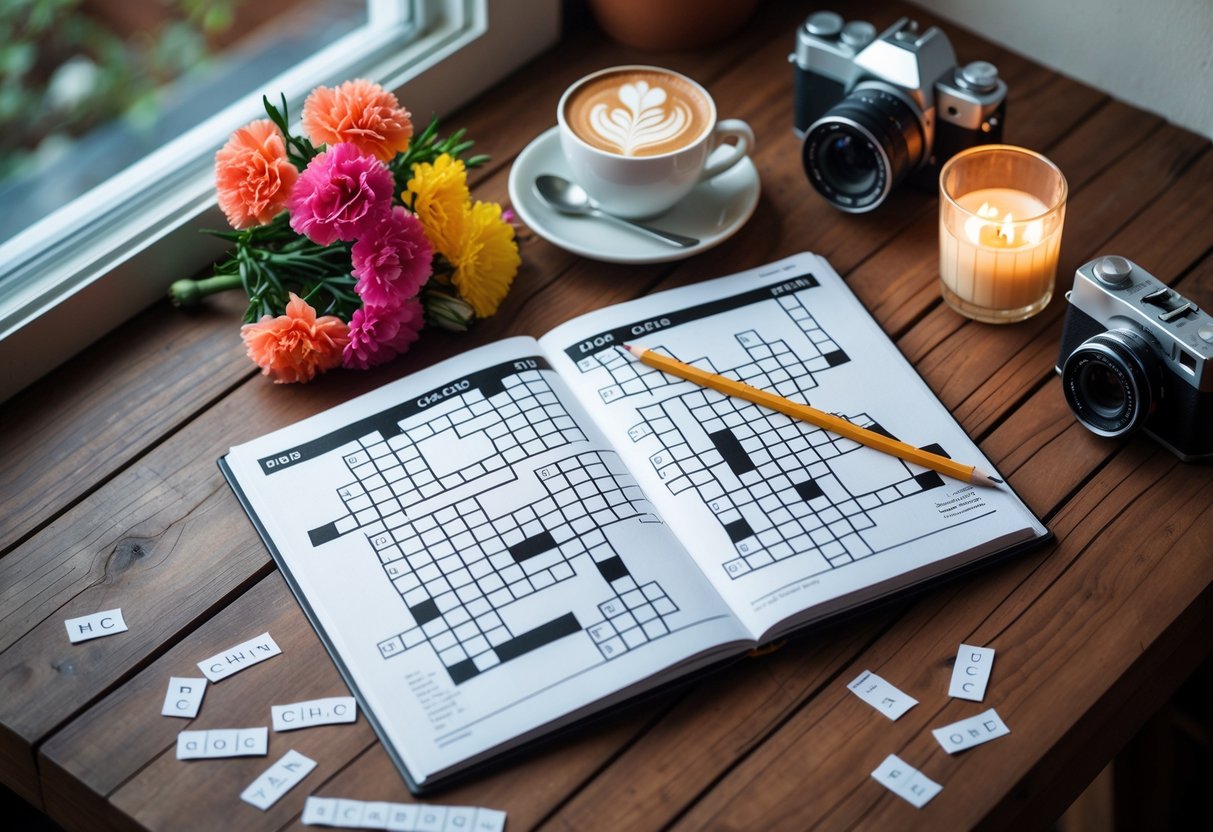 A wooden table with an open crossword puzzle, a pencil, a bouquet of carnations, a cup of cappuccino, a camera, and a lit candle, creating a cozy date setting.