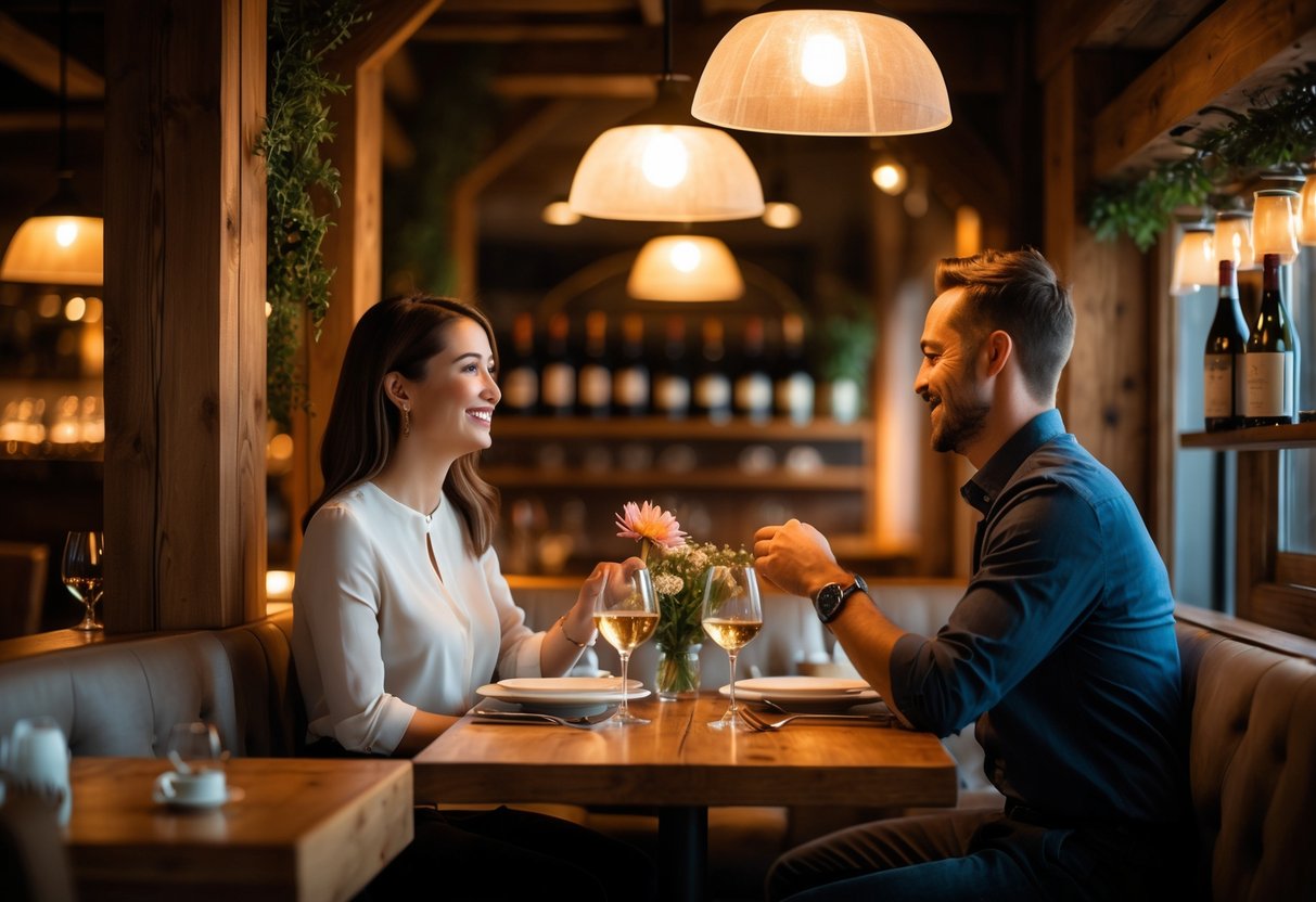 A couple having a romantic dinner together at a small table inside a cozy restaurant.