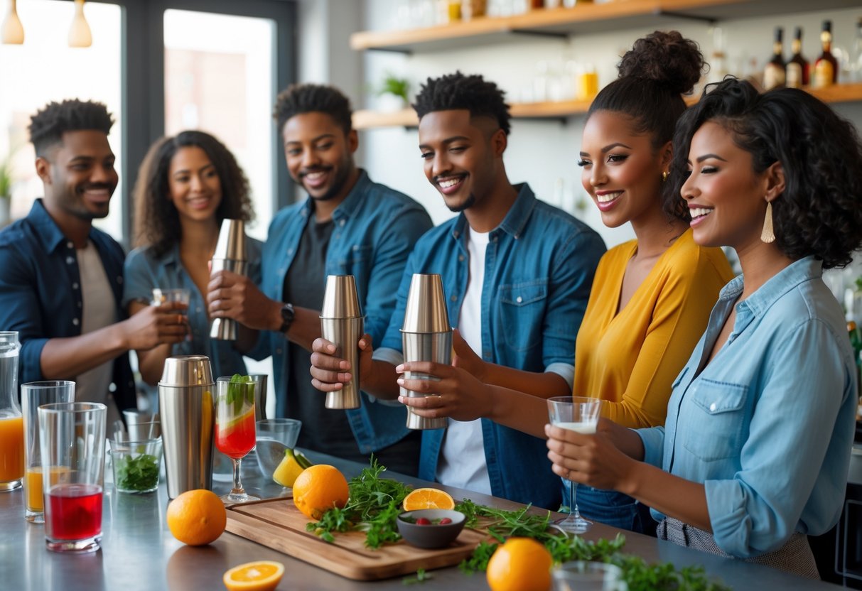 A group of young adults mixing cocktails together in a bright, modern bar setting.